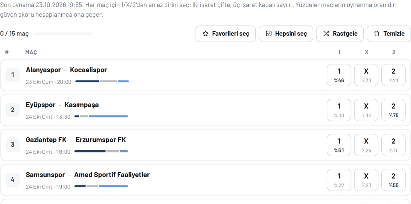 Kolon oluşturucu: her maç için 1, X ve 2 yüzdeleri