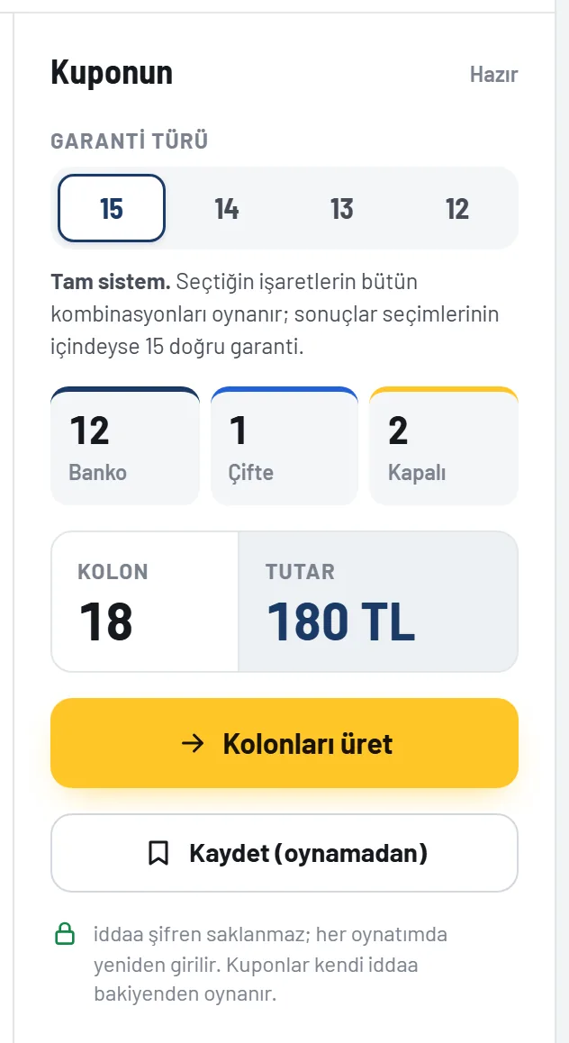 Kuponun paneli: garanti türü, banko/çifte/kapalı, kolon ve tutar