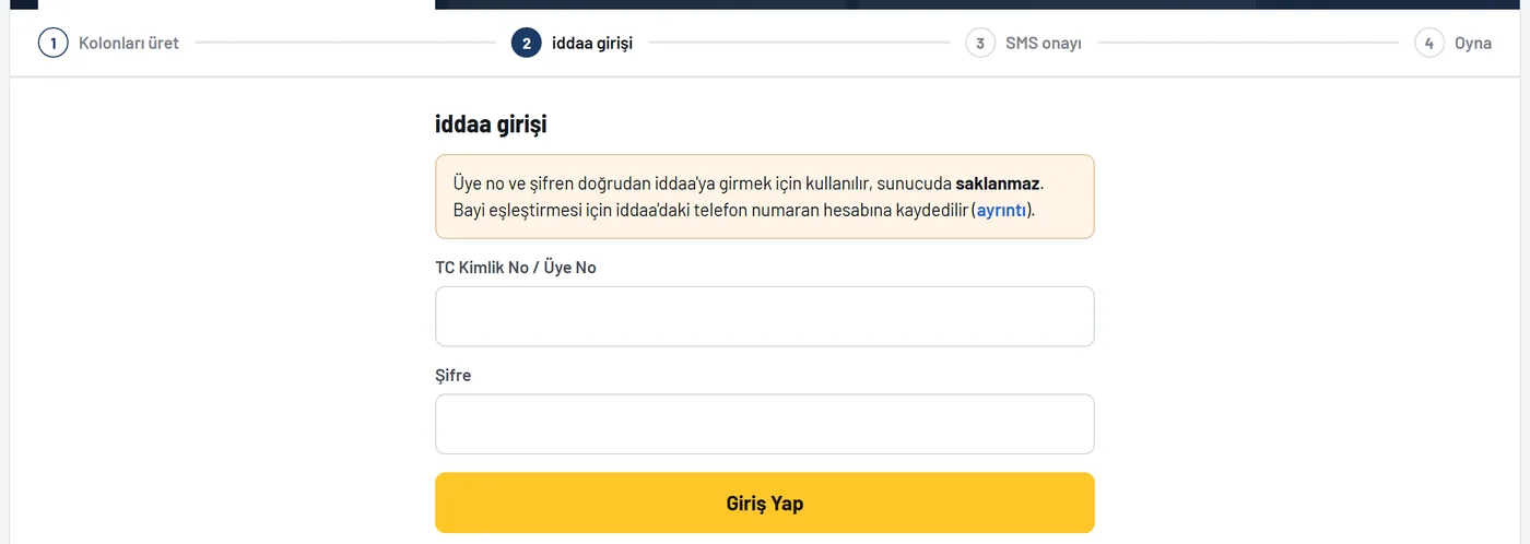 iddaa girişi ekranı: TC kimlik veya üye no ve şifre