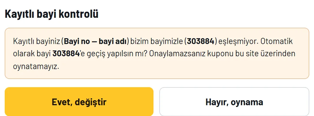 Kayıtlı bayi kontrolü ekranı
