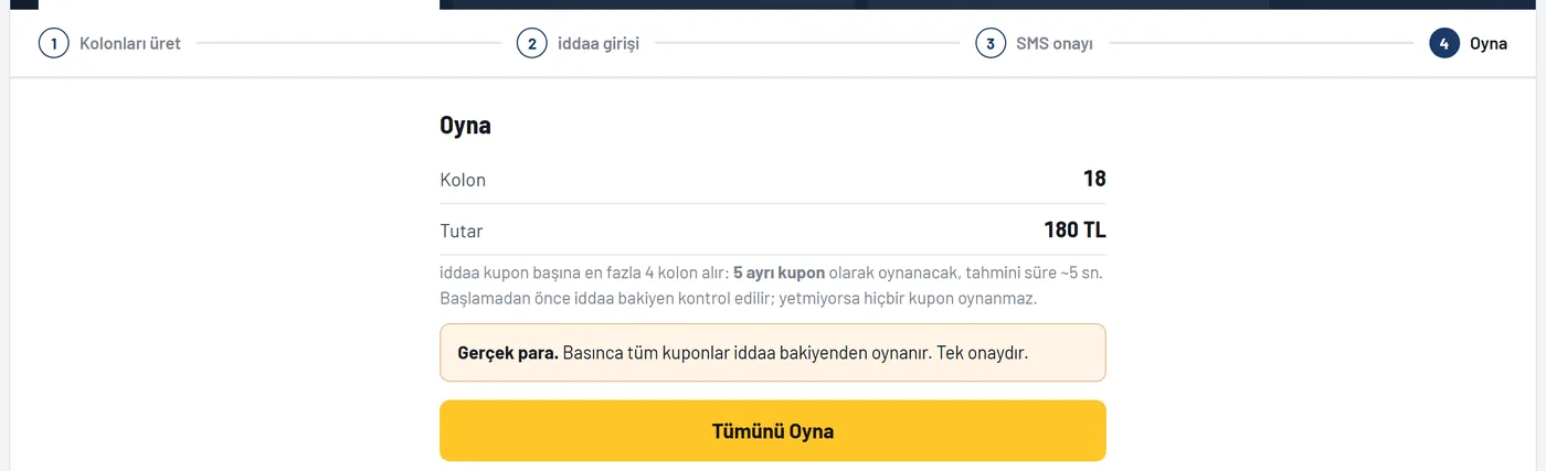 Oyna ekranı: kolon, tutar ve Tümünü Oyna düğmesi